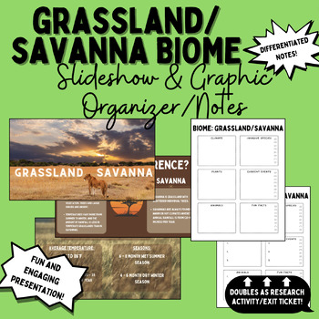 Preview of Grassland/Savanna Biome Slideshow + Notes/Graphic Organizer/Research Activity