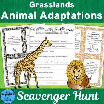 Grasslands Animal Adaptations Scavenger Hunt by Ann Fausnight | TPT