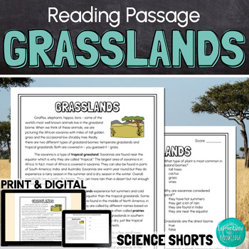Preview of Grasslands Biome Reading Comprehension Passage PRINT and DIGITAL