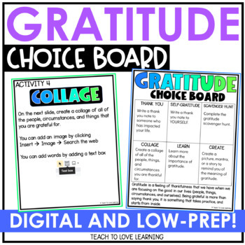 Preview of Gratitude Activities┃Gratitude Digital Choice Board ┃Social Emotional Learning