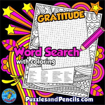 Preview of Gratitude Word Search Puzzle Activity Page with Coloring | Thanksgiving