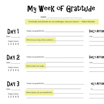 Gratitude Worksheets & Five Week Journal of Thankfulness Writing Activity