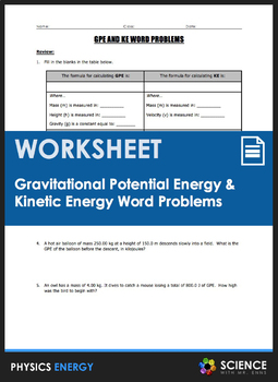 Preview of Gravitational Potential Energy GPE & Kinetic KE Word Problems Worksheet
