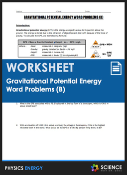 Preview of Gravitational Potential Energy of GPE Word Problems Worksheet Part 2