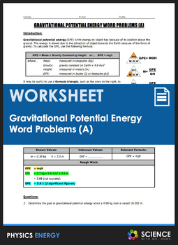 Preview of Gravitational Potential Energy or GPE Word Problems Worksheet Part 1