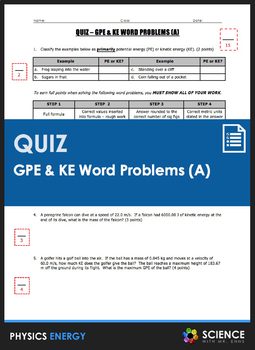 Preview of Gravitational Potential GPE & Kinetic Energy KE Word Problems Quiz Part 1