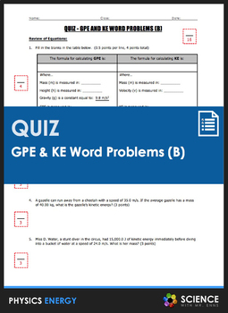 Preview of Gravitational Potential GPE & Kinetic Energy KE Word Problems Quiz Part 2