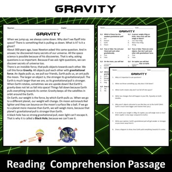 Preview of Gravity Reading Comprehension Passage and Questions - PDF