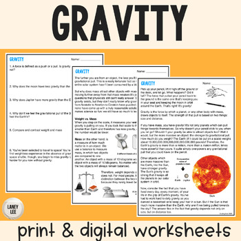 Preview of Gravity - Reading Comprehension Worksheets