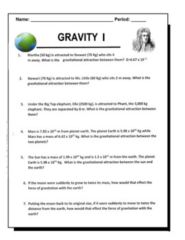 Preview of Gravity Worksheet I - Newton's Law of Universal Gravitation