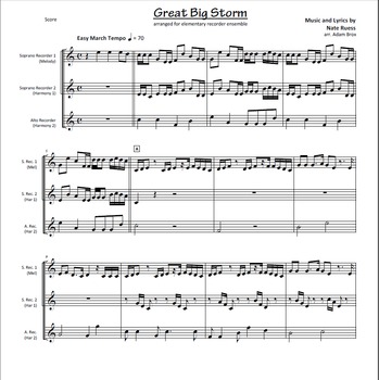 Preview of Great Big Storm by Nate Ruess for Elementary Recorder Ensemble