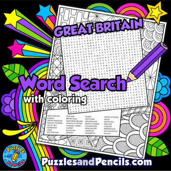 Preview of Great Britain Word Search Puzzle Activity & Coloring | British Royal Family
