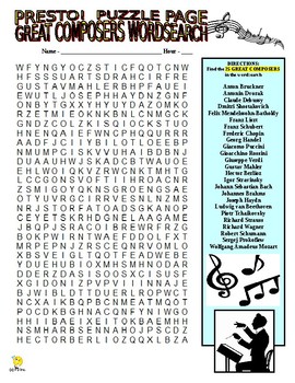 Preview of Great Composers Puzzle Page (Wordsearch / Criss-Cross / Band / Music / SUB)