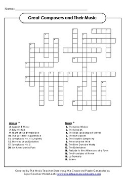 Preview of Great Composers and Their Music Crossword Puzzle ONLINE,VIRTUAL