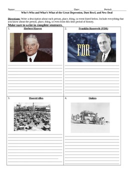 Preview of Great Depression, Dust Bowl & New Deal: Who's Who and What's What Assignment