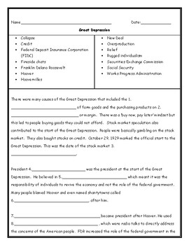 Great Depression Fill in the Blanks Worksheet with Word Bank and Answer Key