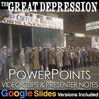 Preview of Great Depression PowerPoint / Google Slides + Videos Clips, Guided Notes, Quiz