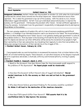 Great Depression Hoover vs. FDR Worksheet with Answer Key | TPT