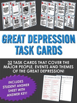 Preview of Great Depression - Task Cards (32 Great Depression Task Cards with Answer Sheet)