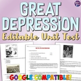 Great Depression Unit Test for US History: 1930s Quiz Work