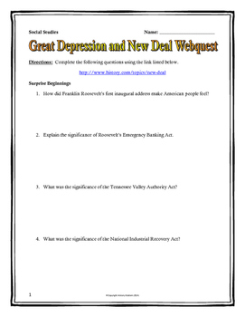 Preview of Great Depression and Roosevelt's New Deal - Webquest with Key