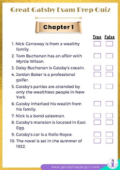 Preview of Great Gatsby Student Quiz By Chapter With Answers: 10 Pages