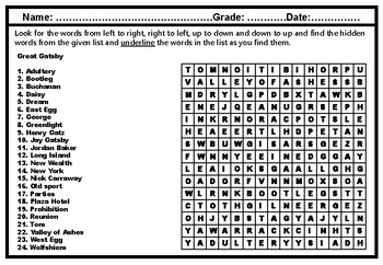 Preview of Great Gatsby, Word Search Worksheet, Vocabulary Sub Plan, Distance Learning