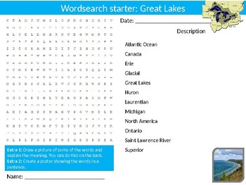 Preview of Great Lakes Activity Pack Keywords Homework Geography World Wordsearch etc
