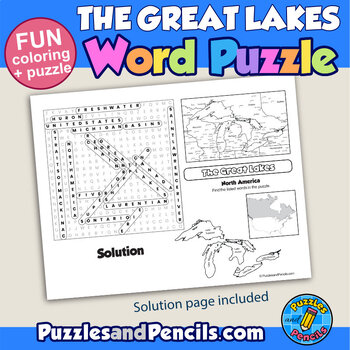 Great Lakes Word Search Puzzle with Coloring Activity Page North America