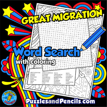 Preview of Great Migration Word Search Puzzle with Coloring | Black History Month