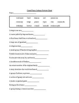Preview of Great Plains Indians Review Sheet HMH