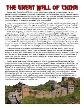 Preview of Great Wall of China Reading Worksheet