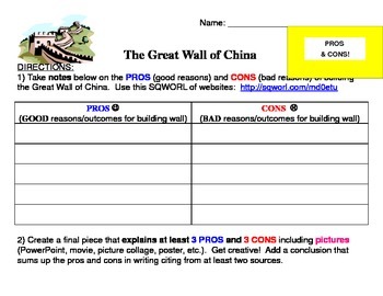 Preview of Great Wall of China PROS & CONS - with Common Core addition!