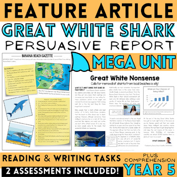 Preview of Shark Feature Article Issue Report Writing & Reading Comprehension MEGA Unit