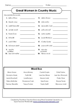 Preview of Women in Music:  Great Women in Country Music Word Scramble