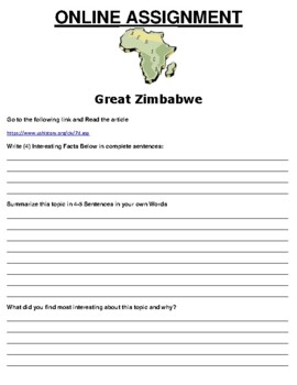 Preview of Great Zimbabwe ONLINE ASSIGNMENT (PDF/GOOGLE CLASSROOM)