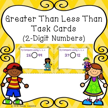 Preview of Greater Than Less Thans 2 Digits Comparing Numbers to 100 Task Cards 1.NBT.3