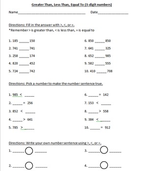 greater than less than equal to hundreds worksheets