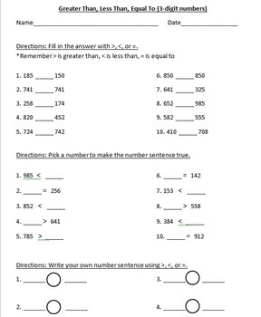 Preview of Greater Than, Less Than, Equal To Worksheet: 3- digit numbers