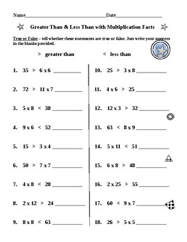 Preview of Greater Than Less Than Multiplication Facts AND Division Facts (5 Worksheets)