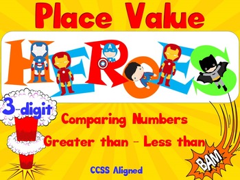Preview of Greater than - Less than - SUPER HEROES! - 3-DIGIT - Smartboard - CCSS Aligned