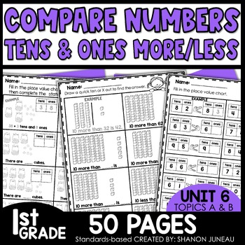 Preview of Place Value Greater Less Than Tens Ones Word Problems 1st Grade Math Worksheets