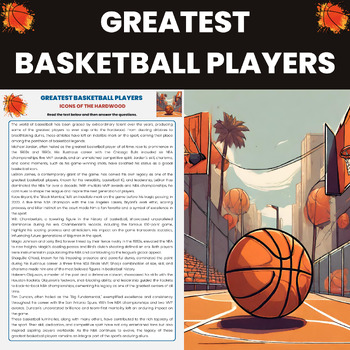 Preview of Greatest Basketball Players of All Time Reading Comprehension Worksheet