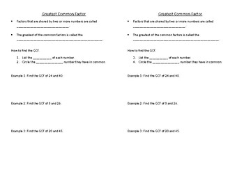 Preview of Greatest Common Factor (GCF) Interactive Notebook Notes