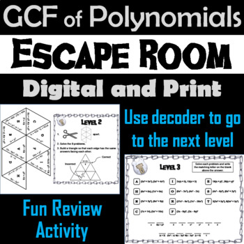 Preview of Greatest Common Factor (GCF) of Polynomials Activity: Algebra Escape Room Game