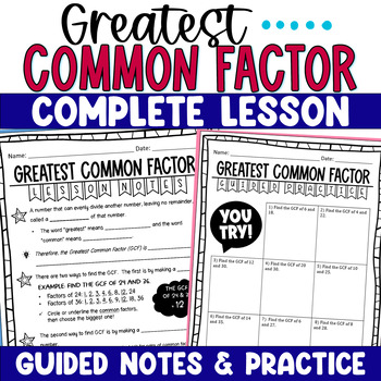 Greatest Common Factor Guided Lesson Notes, Skills Practice - GCF Word ...