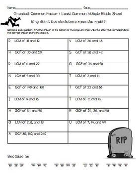 Greatest Common Factor Least Common Multiple Halloween Riddle Sheet