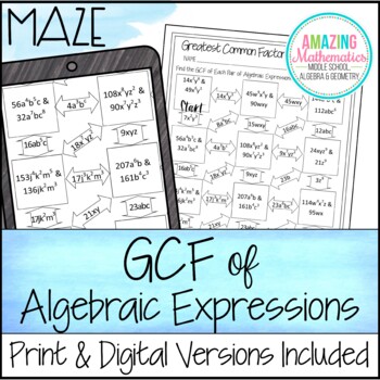 Preview of Greatest Common Factor of Algebraic Expressions Worksheet - Maze Activity