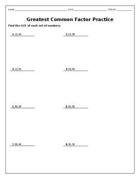 Greatest Common Factor Practice Worksheet by Benni's Math Box | TpT