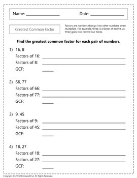 4.OA.4 - Greatest Common Factor Worksheets by Homework Hut | TpT